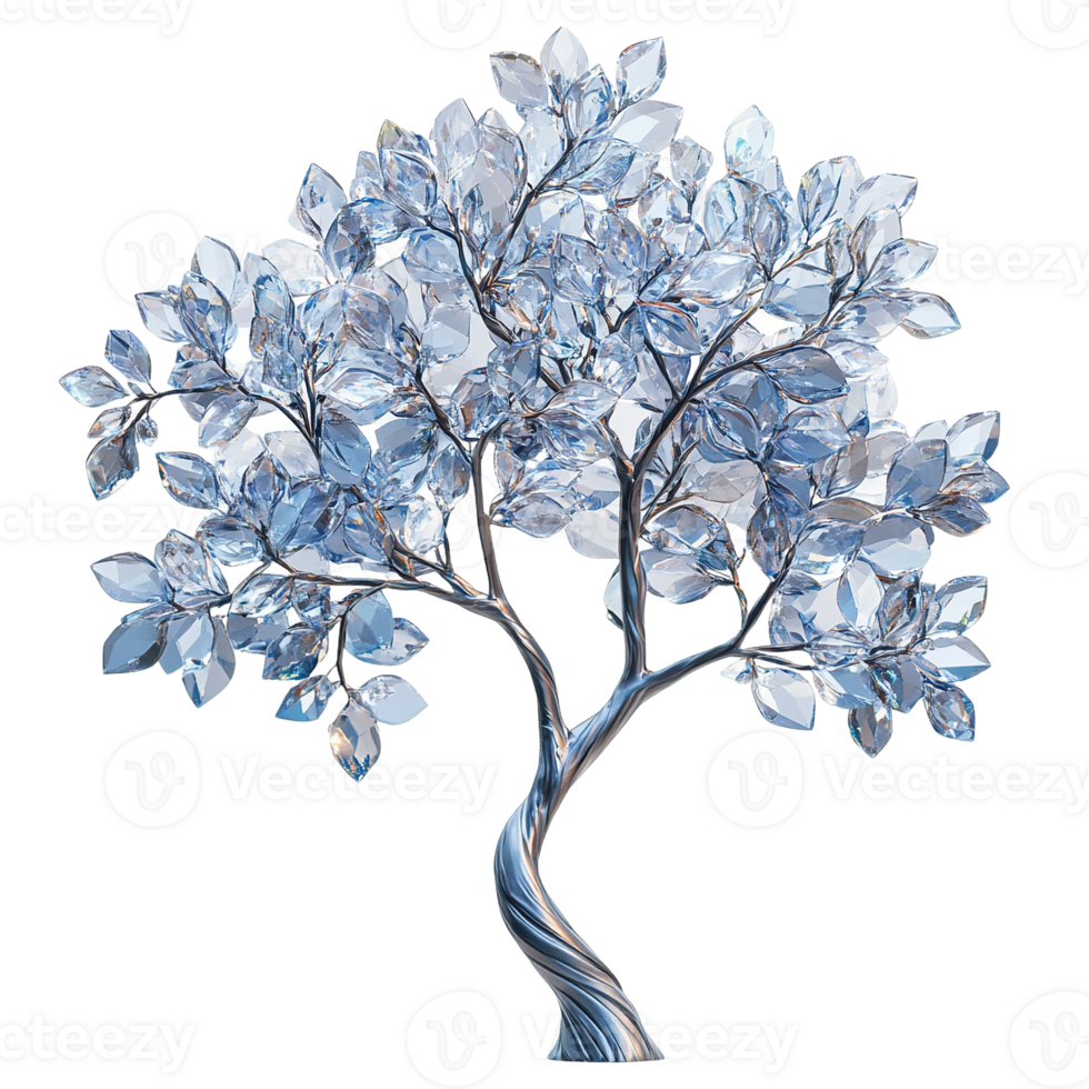 Decorative Glass Tree with Intricate Leaf Designs and Sculpted Branches in a Crystalline Aesthetic on Transparent Background png