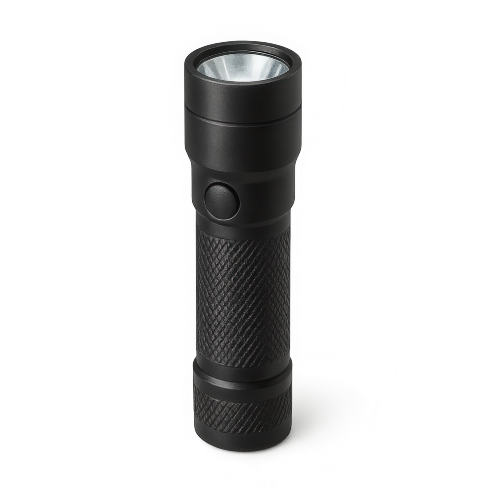 Modern black tactical flashlight with textured grip and illuminated lens. png