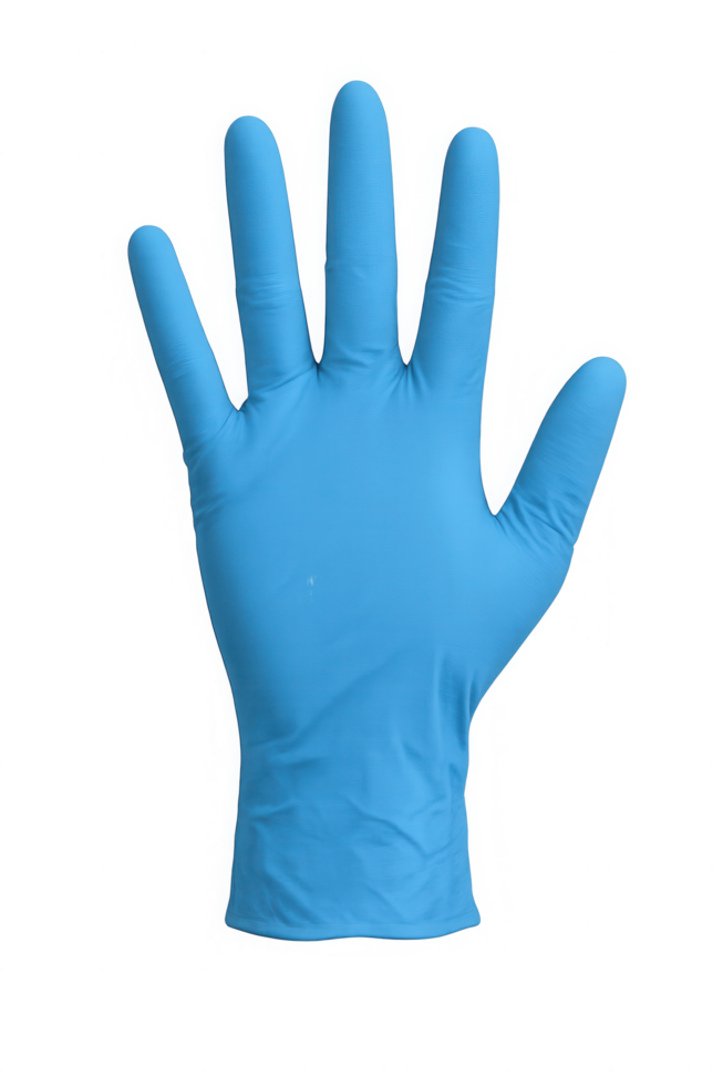 Bright blue disposable glove open hand ready for work protection and safety png