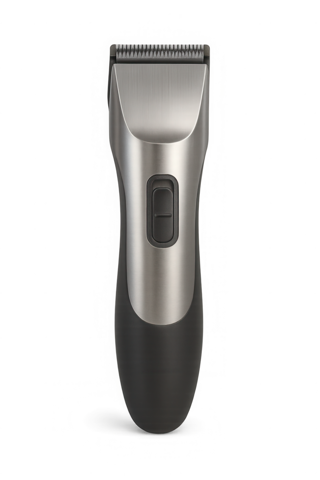 Modern cordless electric hair clipper with sleek metallic and black design isolated on transparent background png