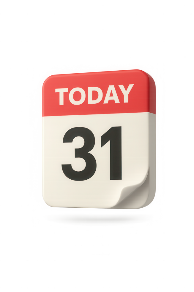 Calendar icon with today and 31 isolated on transparent background png