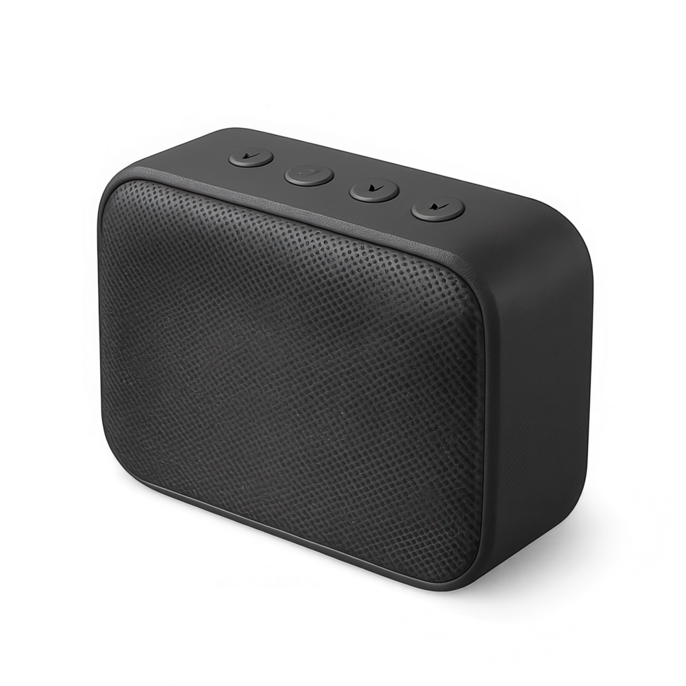 Sleek black portable wireless speaker with textured grille and top control buttons png