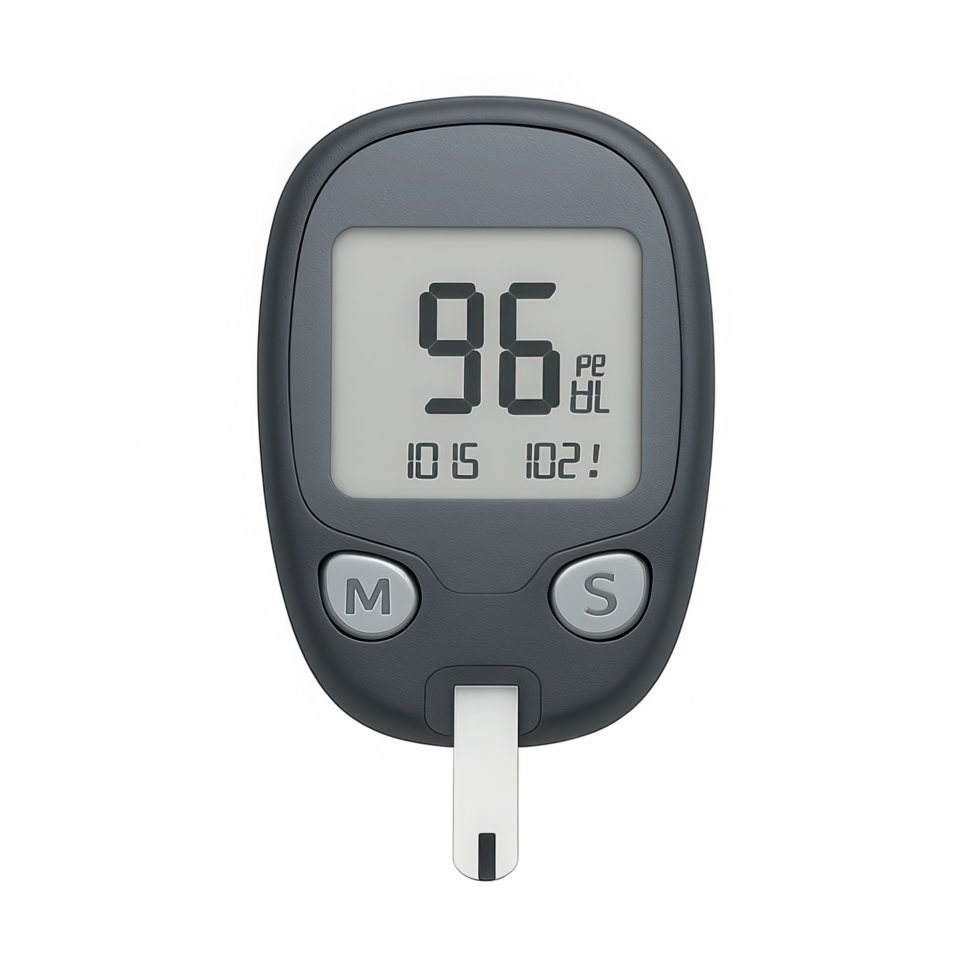 Digital glucose meter displays 96 reading for health monitoring and diabetes management png