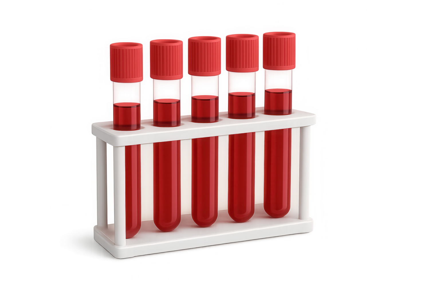 Five medical test tubes filled with red liquid on a white rack, ready for analysis. png