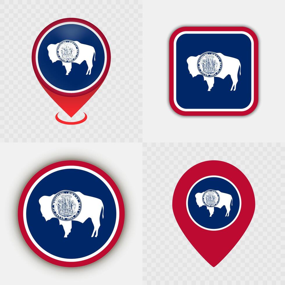 Set of Wyoming State Flag Icons and Map Pins. vector