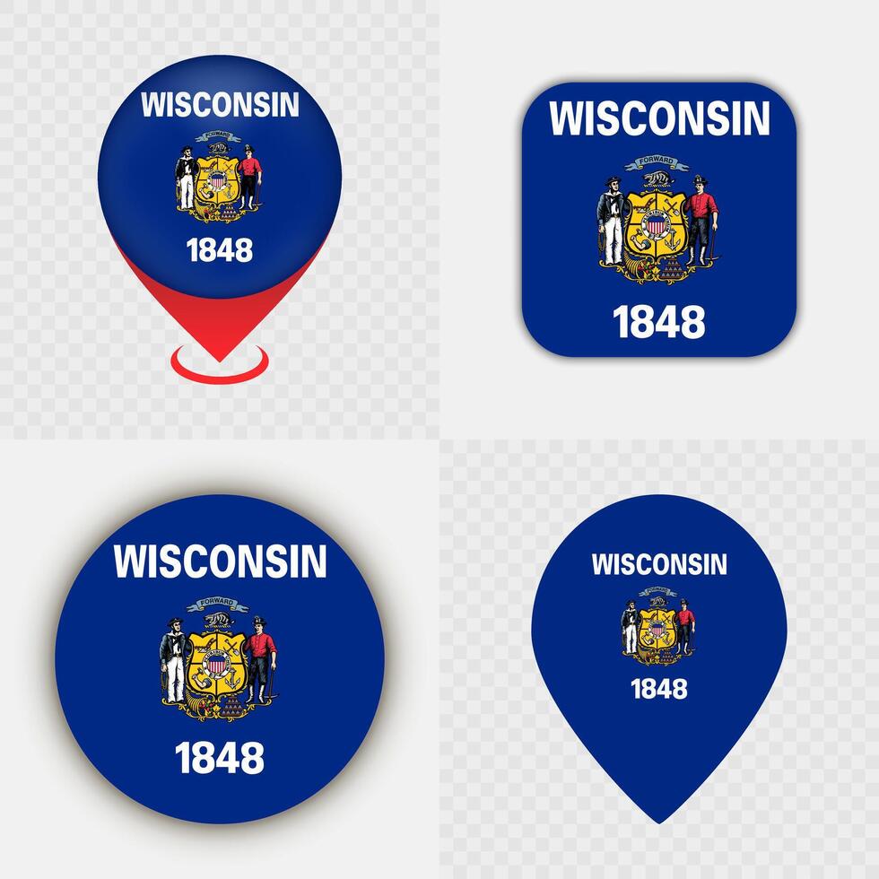 Set of Wisconsin State Flag Icons and Map Pins. vector