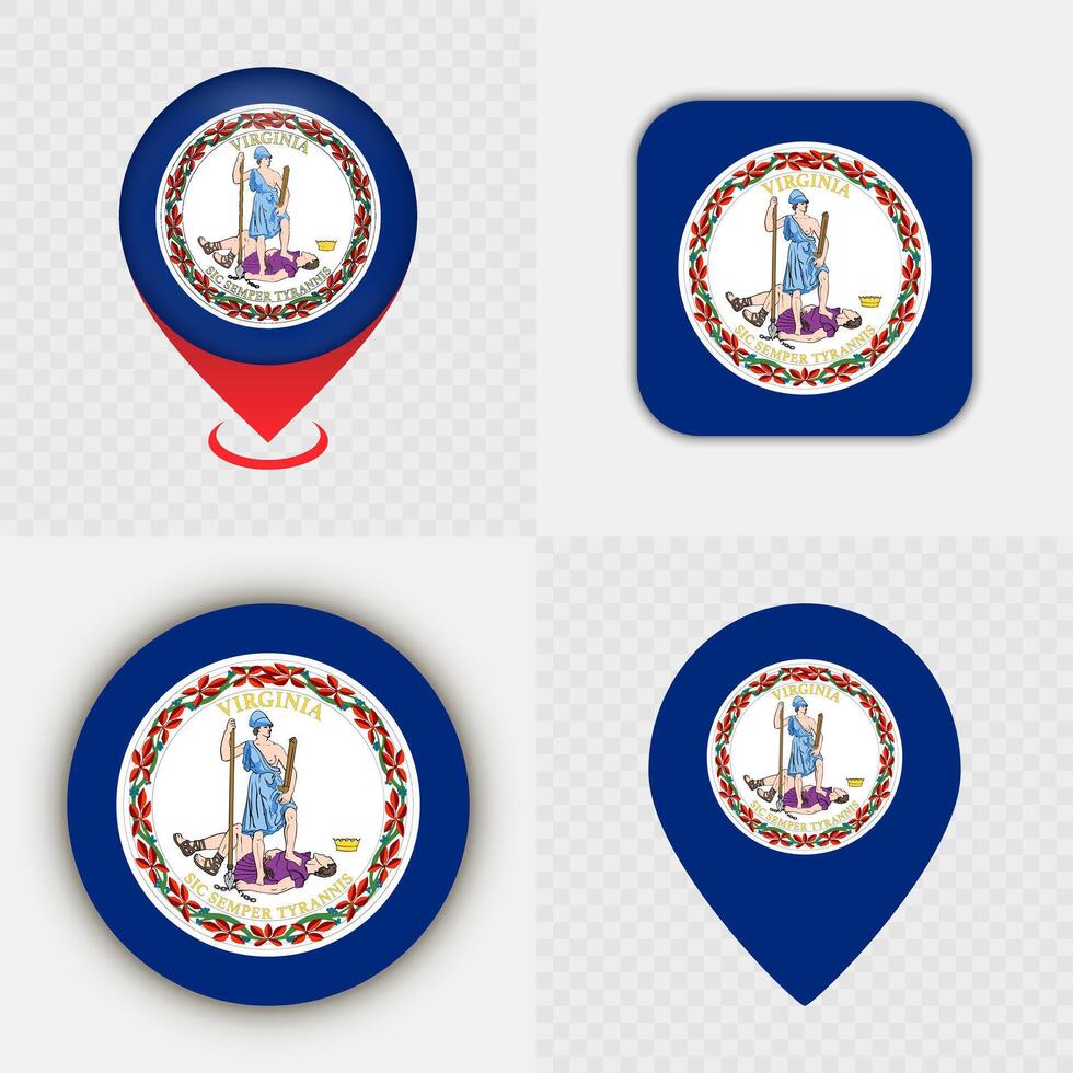 Set of Virginia State Flag Icons and Map Pins. vector