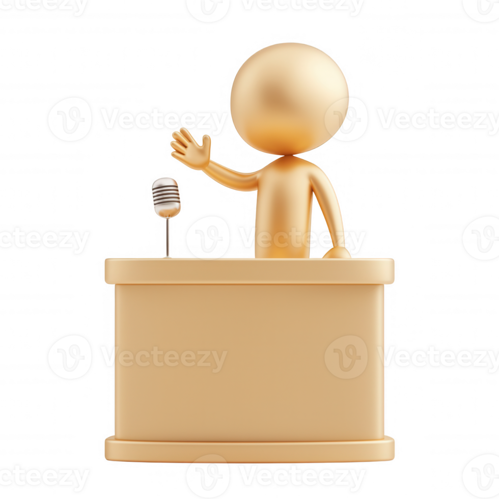 transparent 3d icon mascot character presenting speech at podium, highlighting communication and public speaking concepts, Golden background isolated png