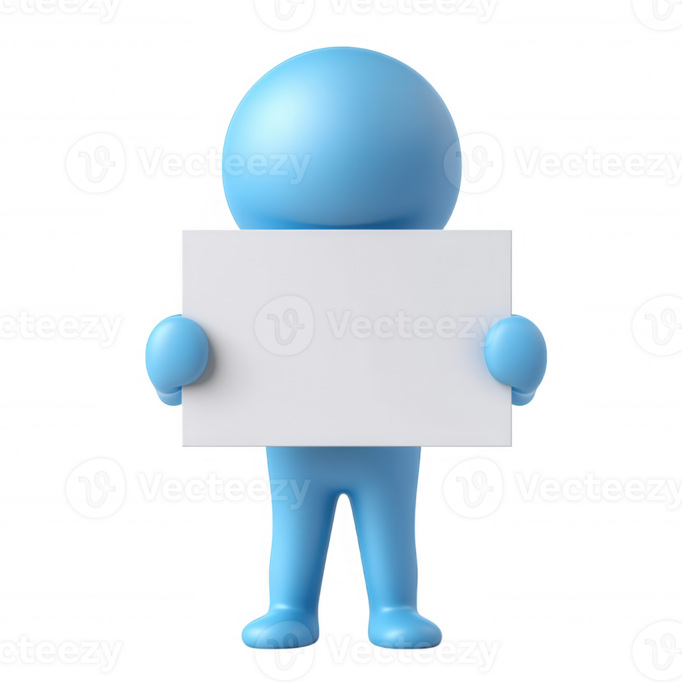 Blue 3d for user character holding a blank white sign, perfect icon adding custom messages, on a transparent background png