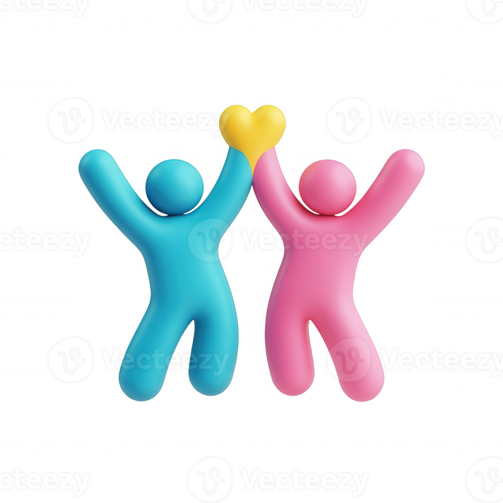 Cartoonish 3d icon figures connection, yellow heart, symbolizing friendship, smiling embracing brightly against transparent backdrop png