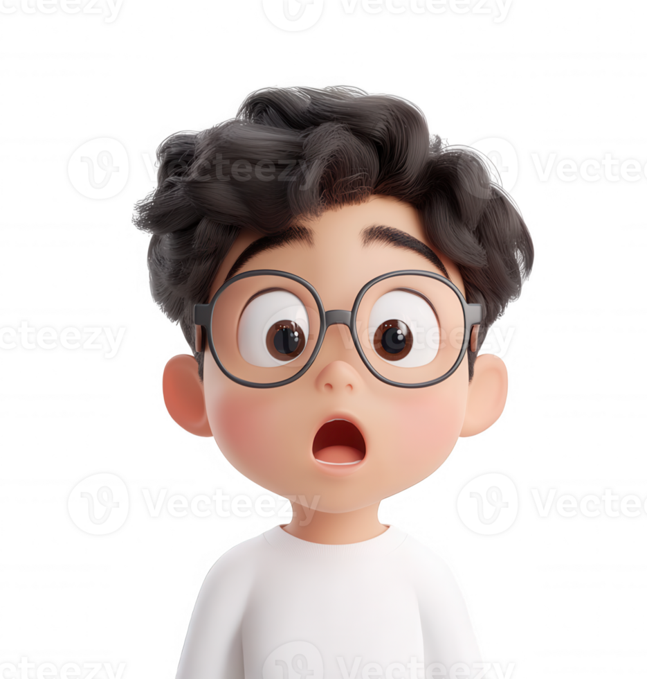 3d icon hair, Cartoon boy with wide open mouth expressing surprise, black user white tee, floating on transparency png