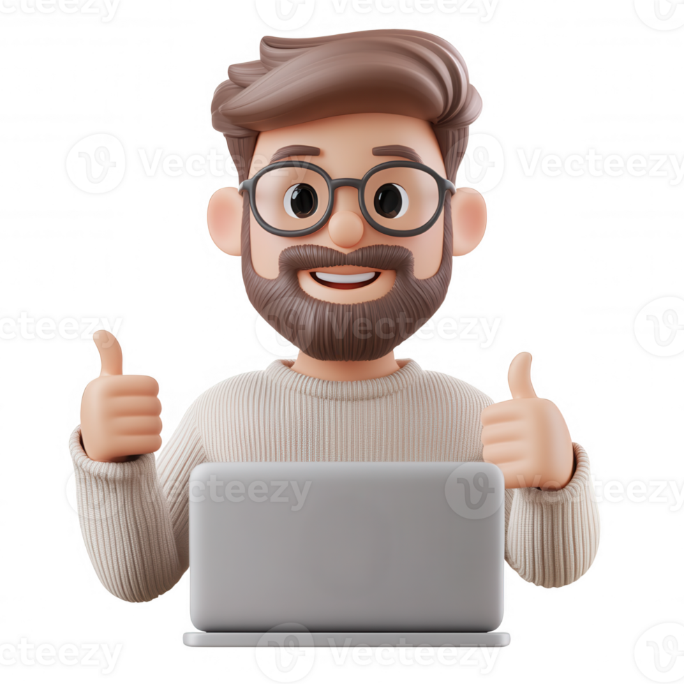Professional businessman 3d icon user up, thumbs on smiling while working giving laptop, transparent digital background png