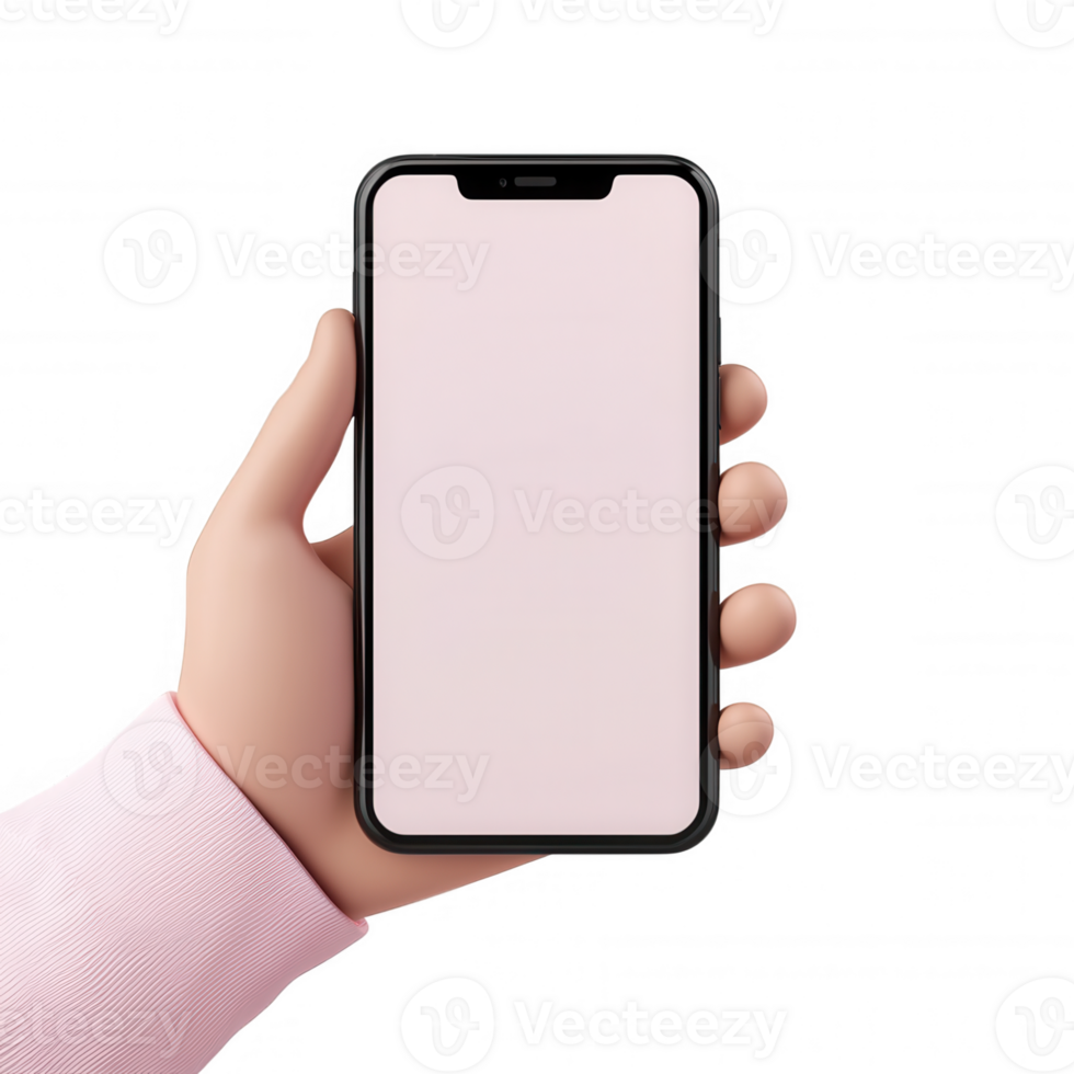 3d icon Cartoon hand gripping smartphone, blank screen displaying digital interface for mockup design or app presentation png
