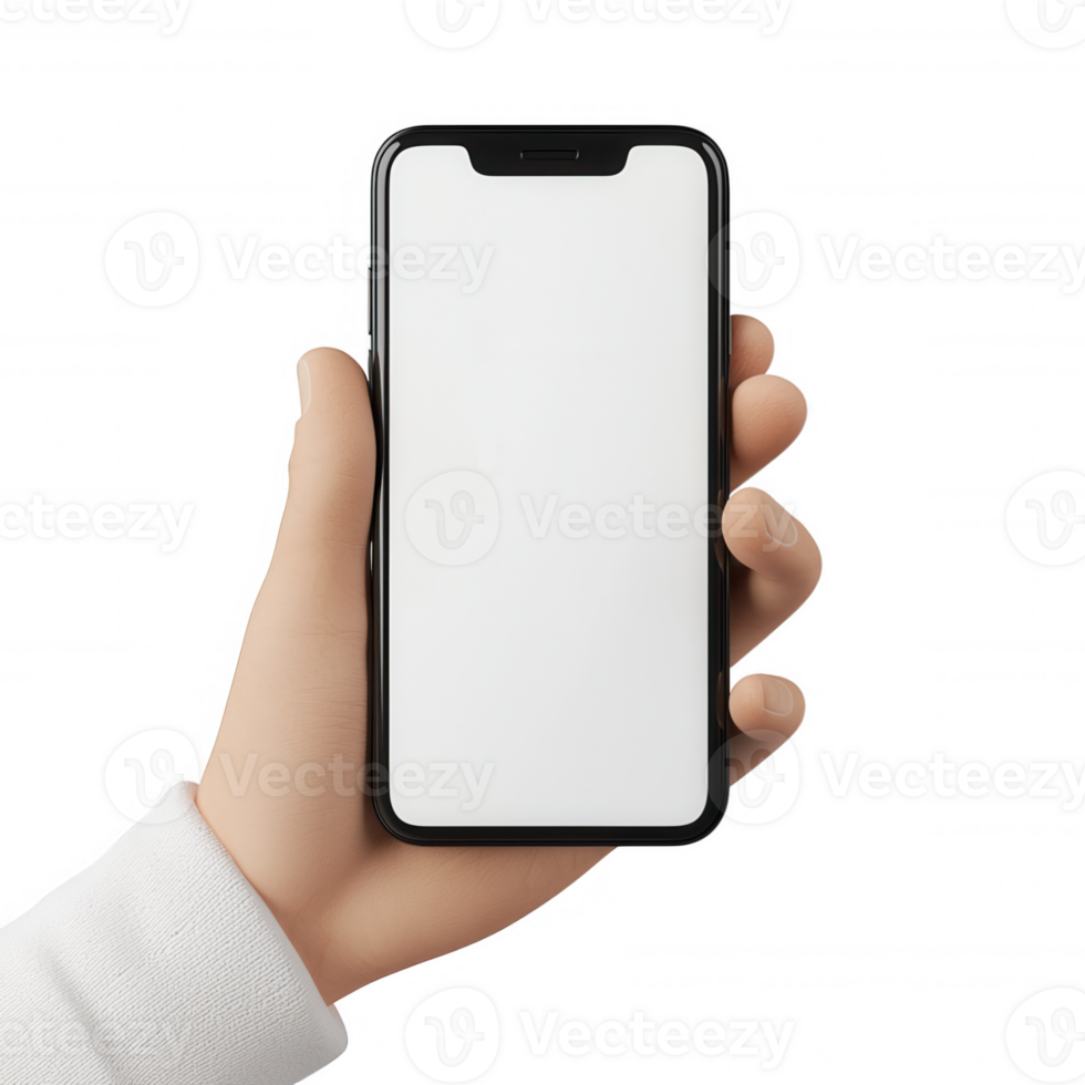 app icon Cartoon hand gripping smartphone, blank screen displaying digital 3d for mockup design or interface presentation png