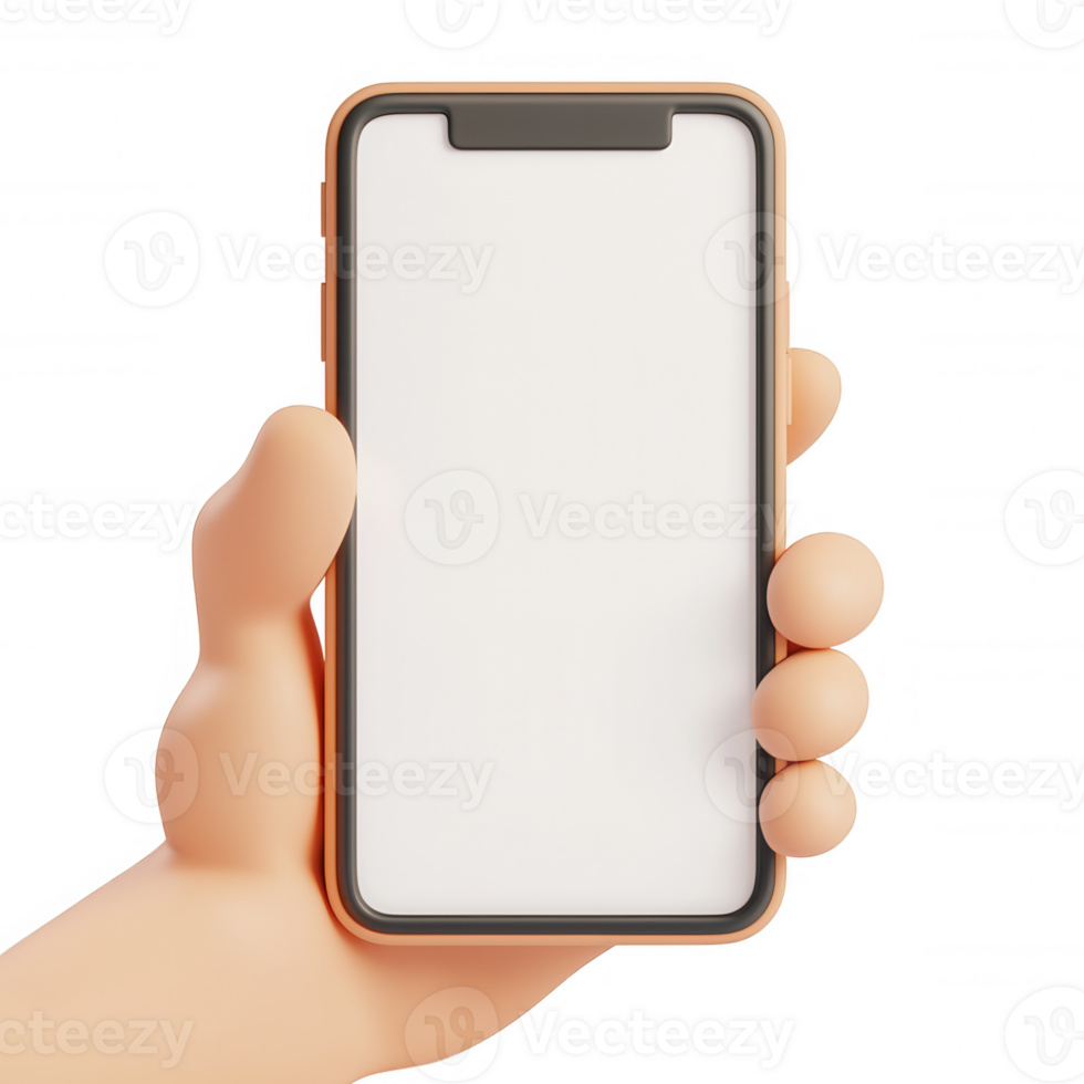 3d mockup Cartoon hand gripping smartphone, blank screen displaying digital interface for icon design or app presentation png