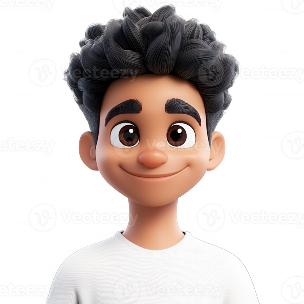 Cartoon boy with transparent hair smiling, 3d icon character on curly backdrop, versatile graphic element png