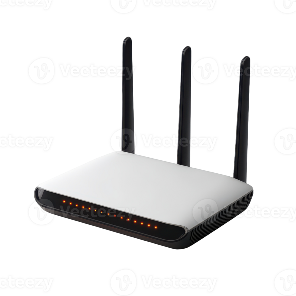 Wireless router with three antennas and indicator lights for network connectivity solutions at home png