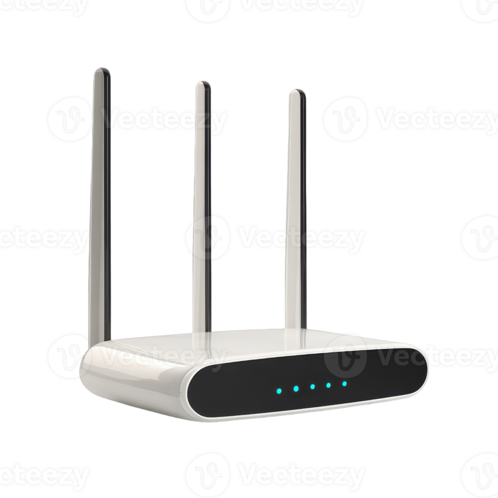 Modern white wireless router with three antennas provides internet connection and network access at home png