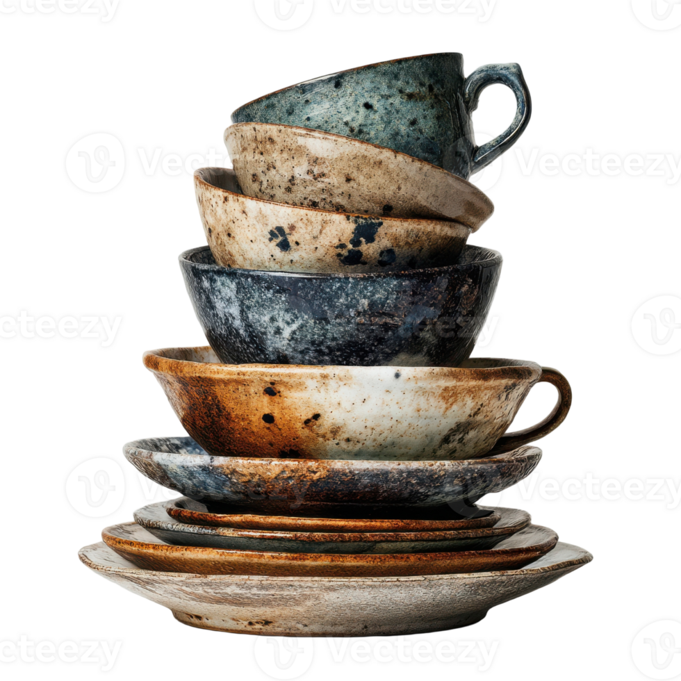 Stacked ceramic bowls plates and mugs create rustic kitchenware display on a transparent background studio shot png