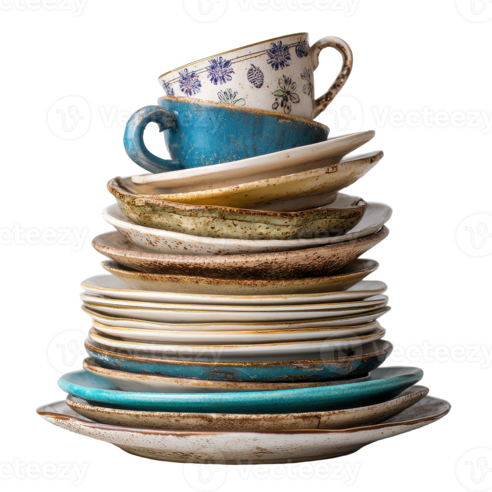 Stacked plates and cups create a towering display of vintage tableware kitchenware and dishware elegance png