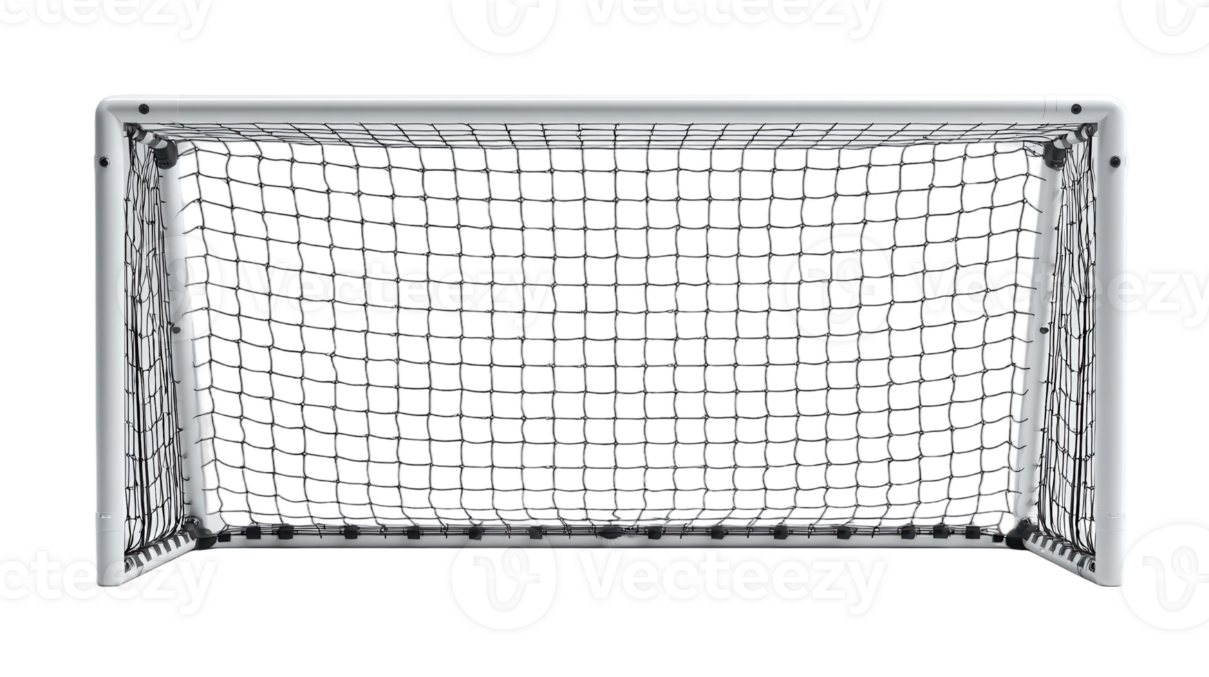 Front view of a soccer goal with a white frame and a net for sports and recreational activities png