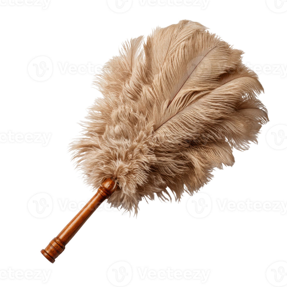 Elegant feather duster with wooden handle for cleaning and dusting delicate surfaces in home decor style png