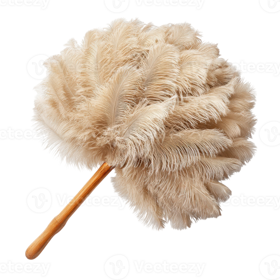 Beige feather duster with wooden handle for cleaning dusting and home maintenance shown in detail png