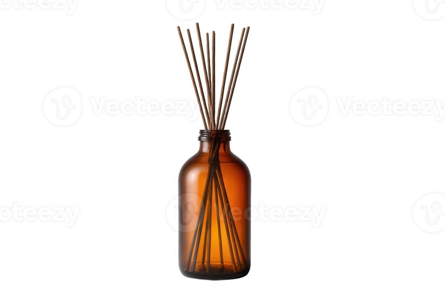 Aromatic fragrance diffuser with wooden sticks in amber glass bottle for home decor and aromatherapy use png