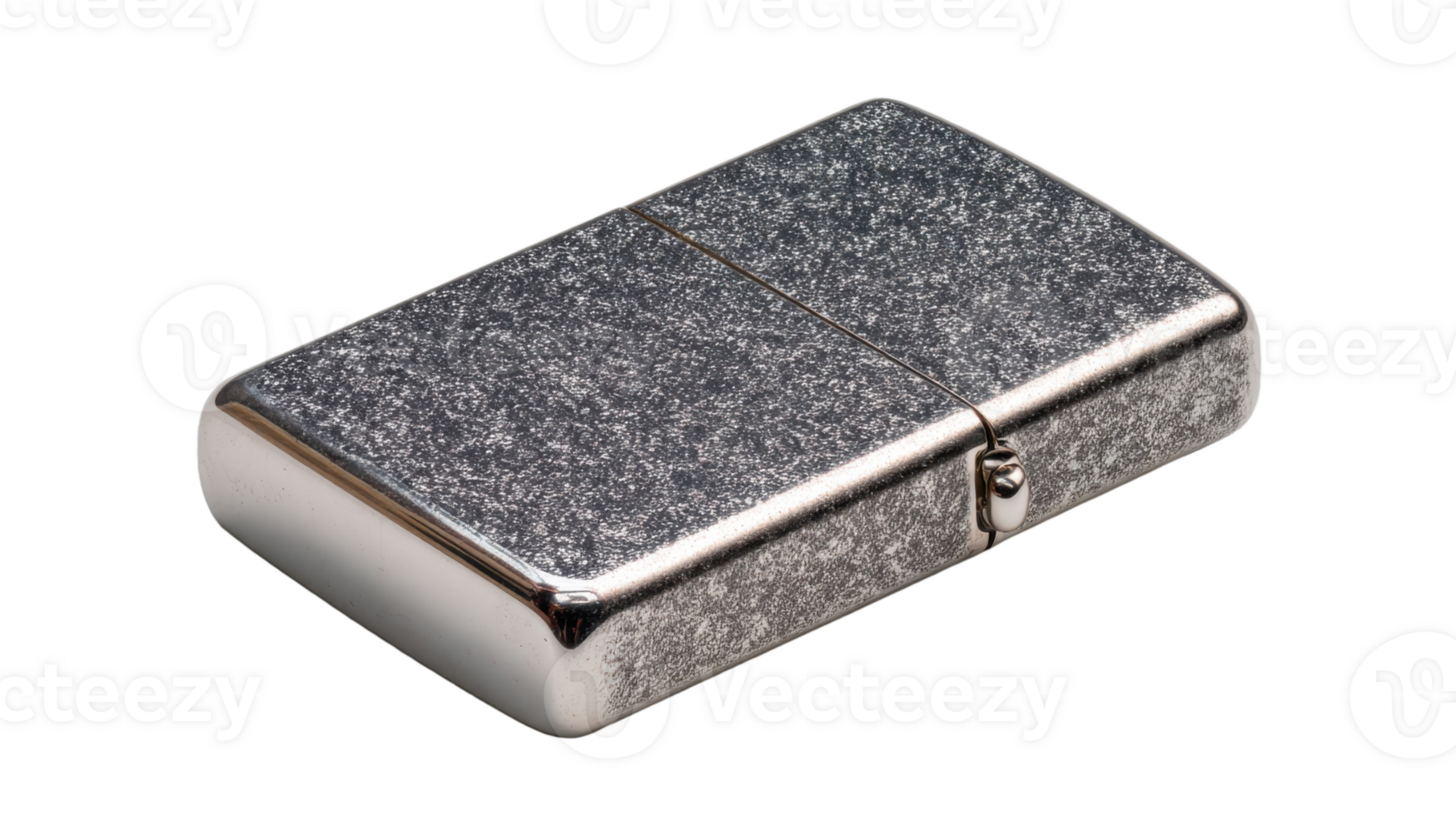Close up shows a silver metal lighter with textured surface and reflective edges on a transparent background png