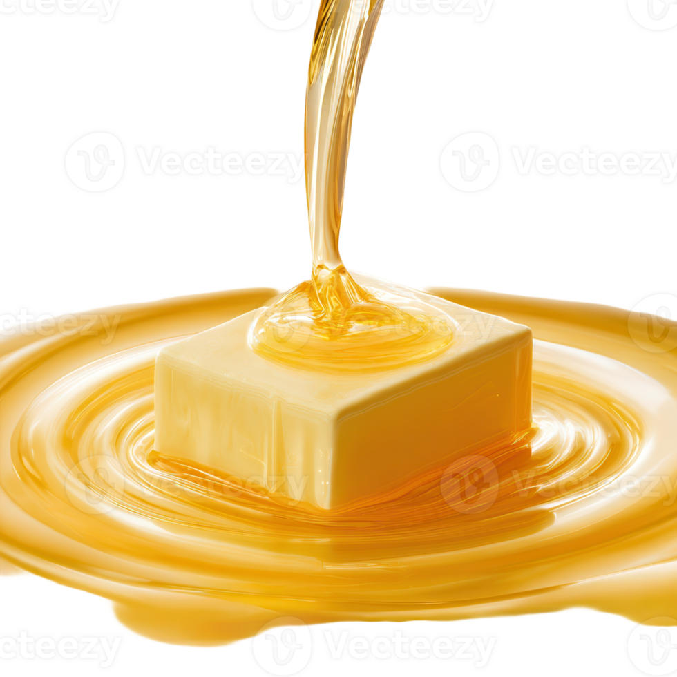 Golden liquid pours onto a cube creating a swirling pool of sweet syrup dessert topping delight png