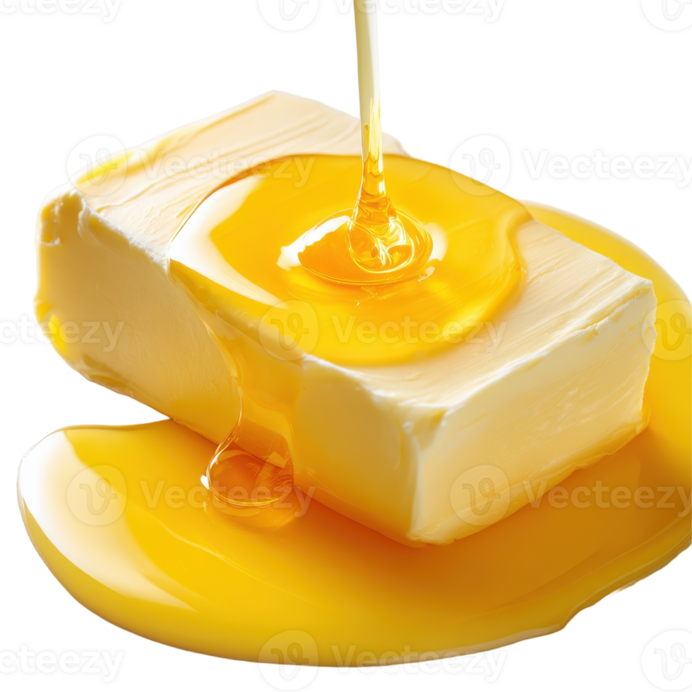 Delicious butter block with honey pouring over it creating a sweet and savory food combination treat png