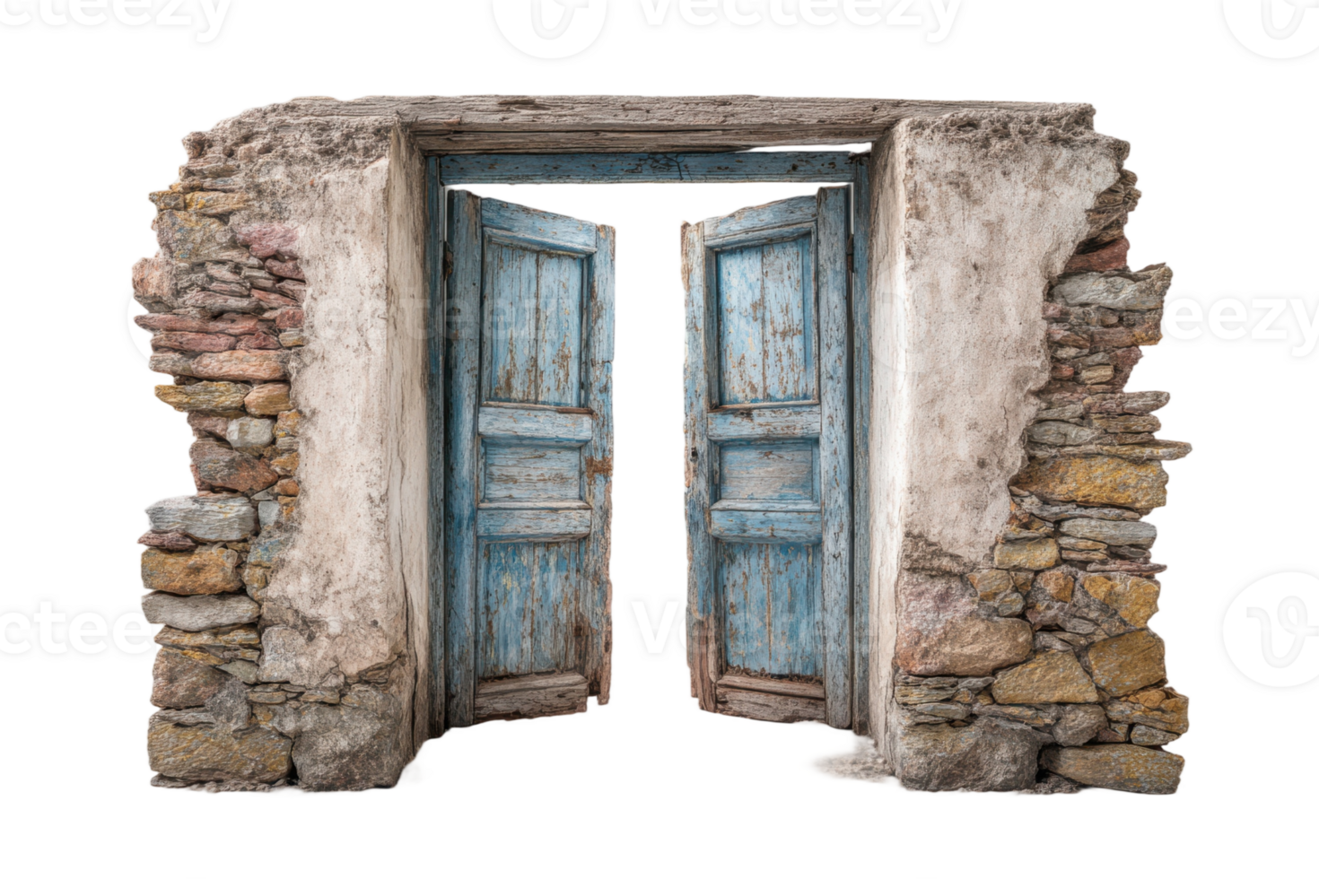 Open weathered blue doors in stone wall create rustic entrance architecture and design element for backgrounds png