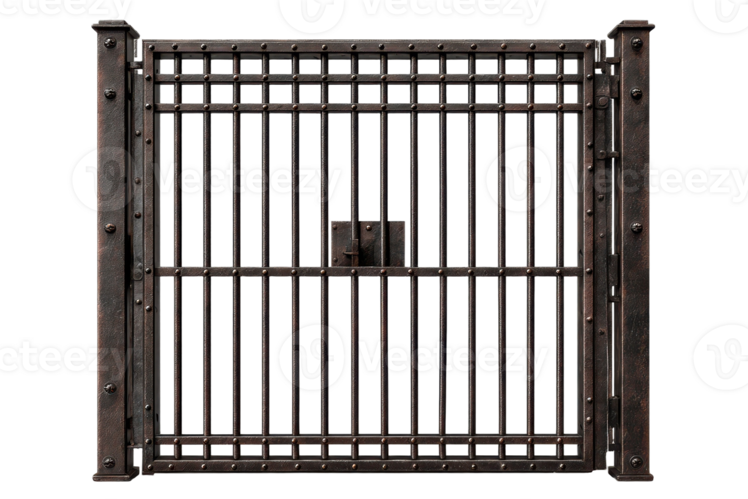 Detailed view of a dark metal gate with bars and rivets offering security and strong architectural design png