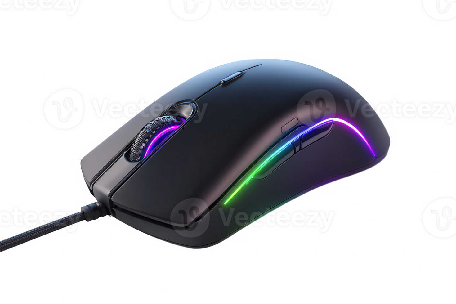 Close up of a wired computer mouse with rgb lighting and a scroll wheel on a transparent background png