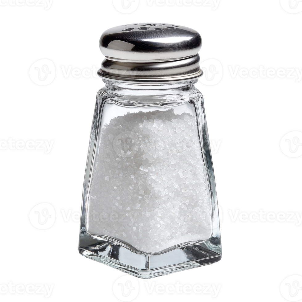 A clear glass salt shaker filled with white salt granules sits ready for seasoning food dishes nicely png