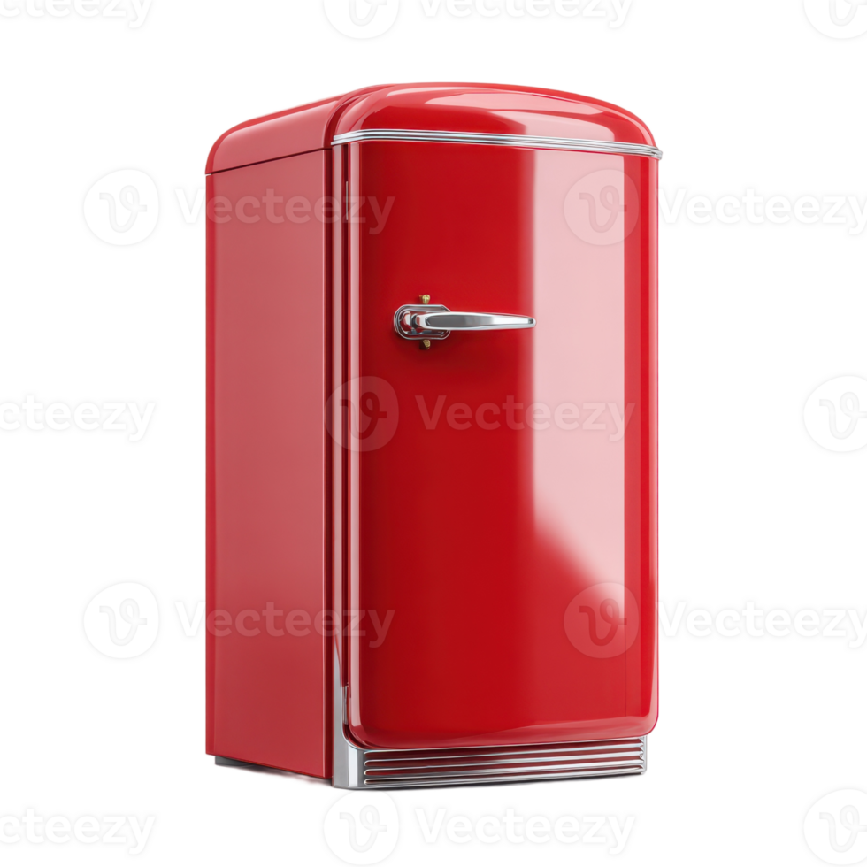 Retro red refrigerator with chrome accents offers vintage style for kitchen appliance enthusiasts today png