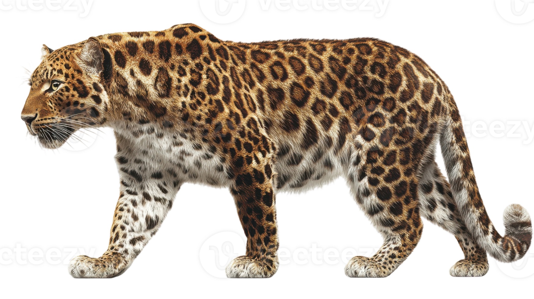 Spotted leopard walking gracefully with its patterned coat and powerful build in a captivating scene png