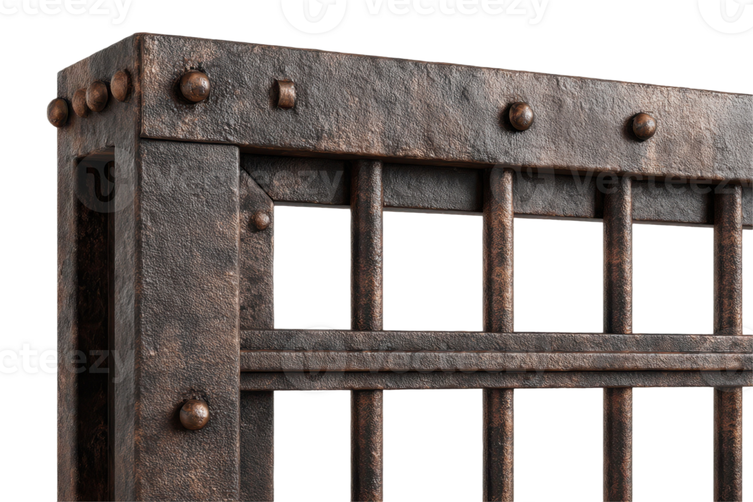 Close up shot showcases a weathered metal gate with rivets creating a rustic and aged appearance design png
