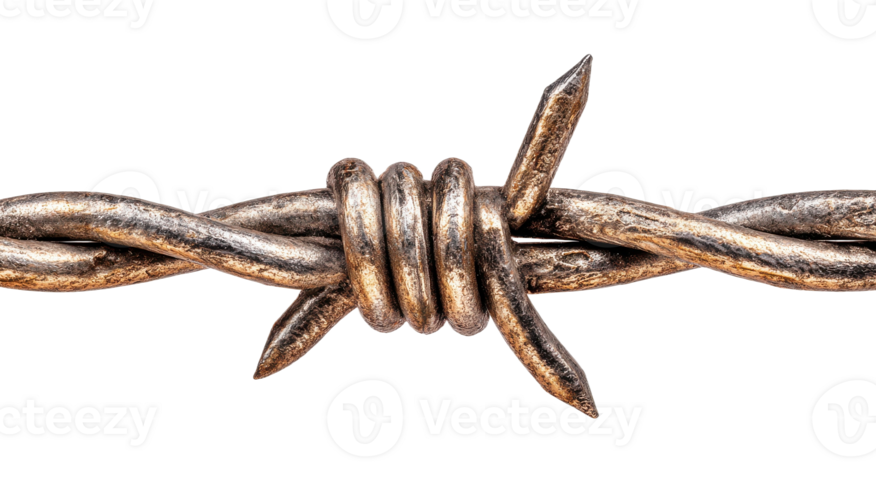 Close up of barbed wire showing twisted metal strands and sharp points against a transparent background png