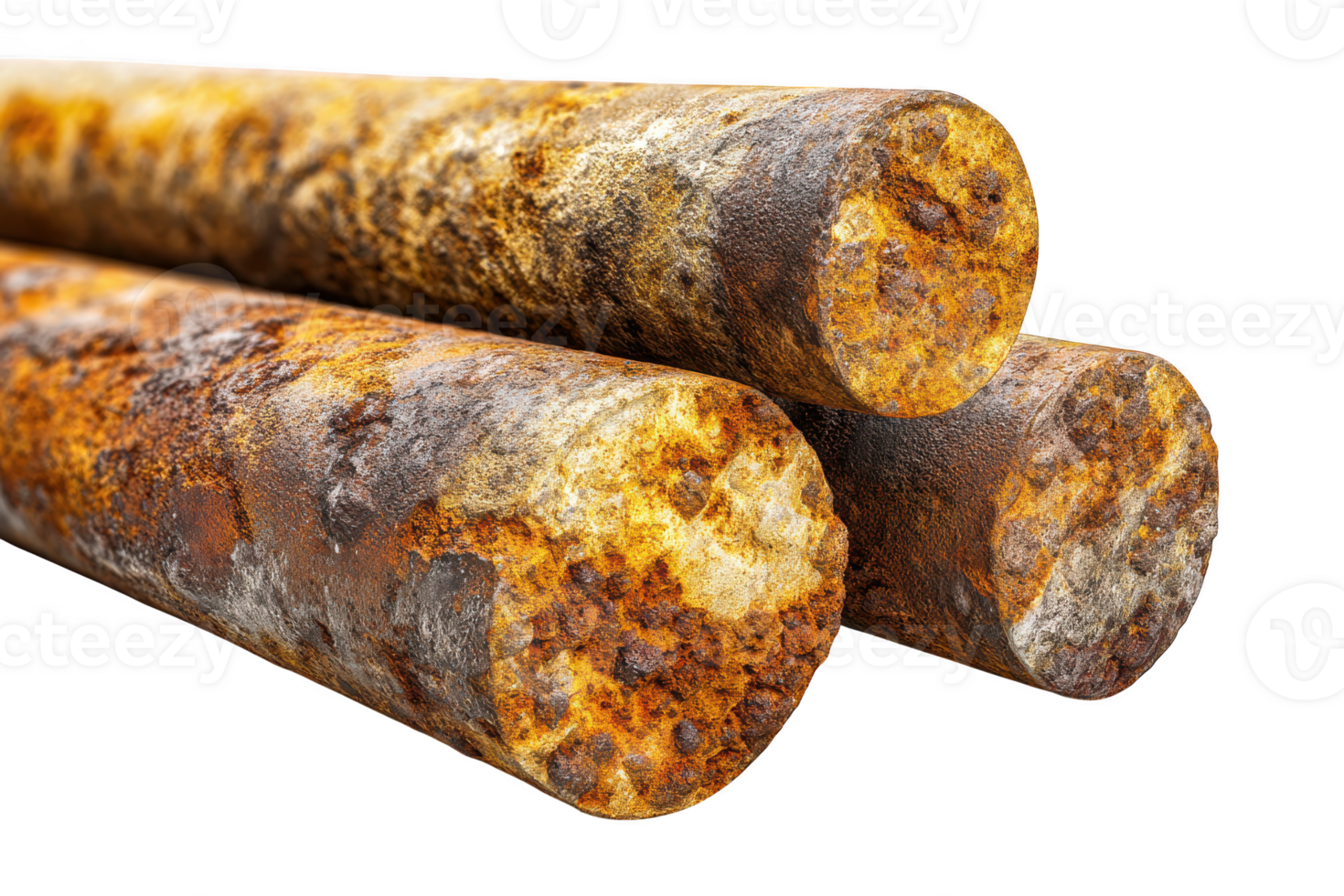 Close up showcasing textured cylindrical metal rods with heavy corrosion and rust formation against transparent background png