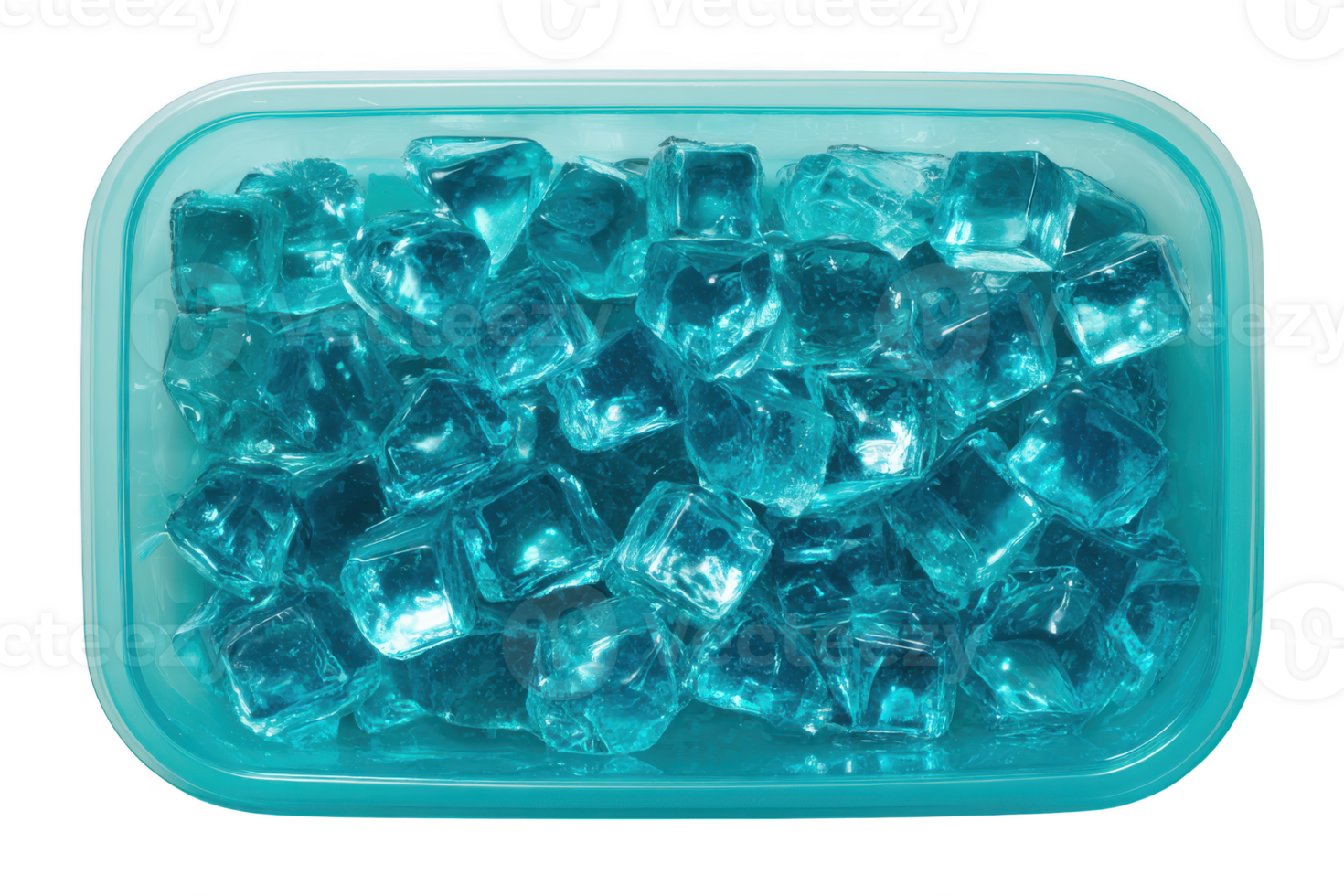 Turquoise ice cubes fill a plastic container creating a refreshing and cool visual appeal for drinks png