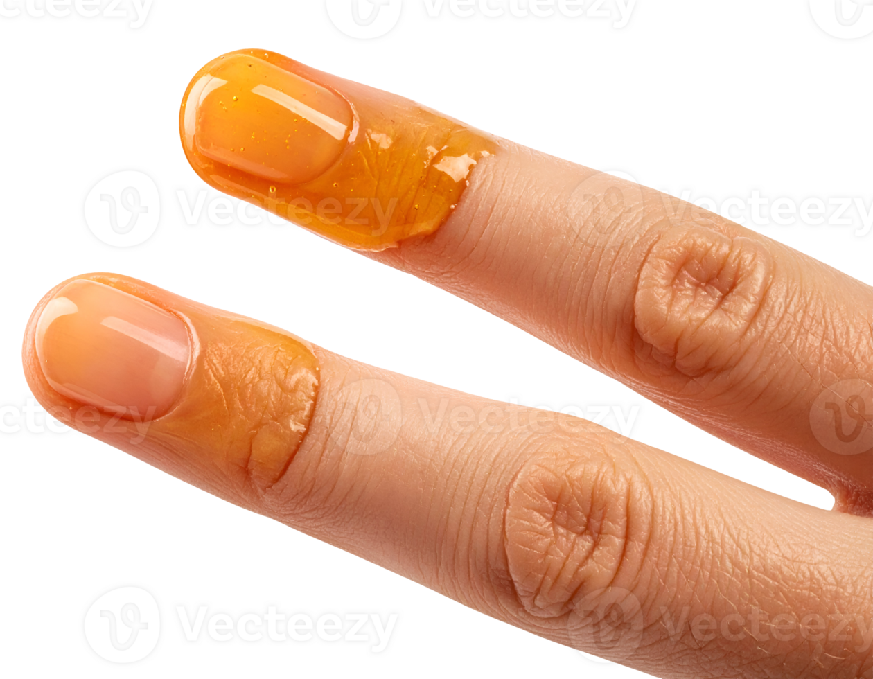 close-up of delicate fingers dipped in golden honey texture for skincare beauty wellness and natural product concept on isolated background png