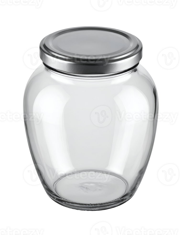 Round clear glass jar with silver metal lid for storage or kitchen use on isolated background png
