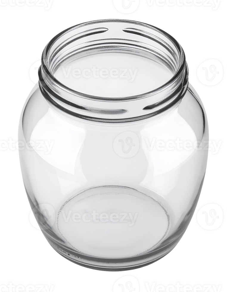 Round open clear glass jar without lid for kitchen or craft storage on isolated background png