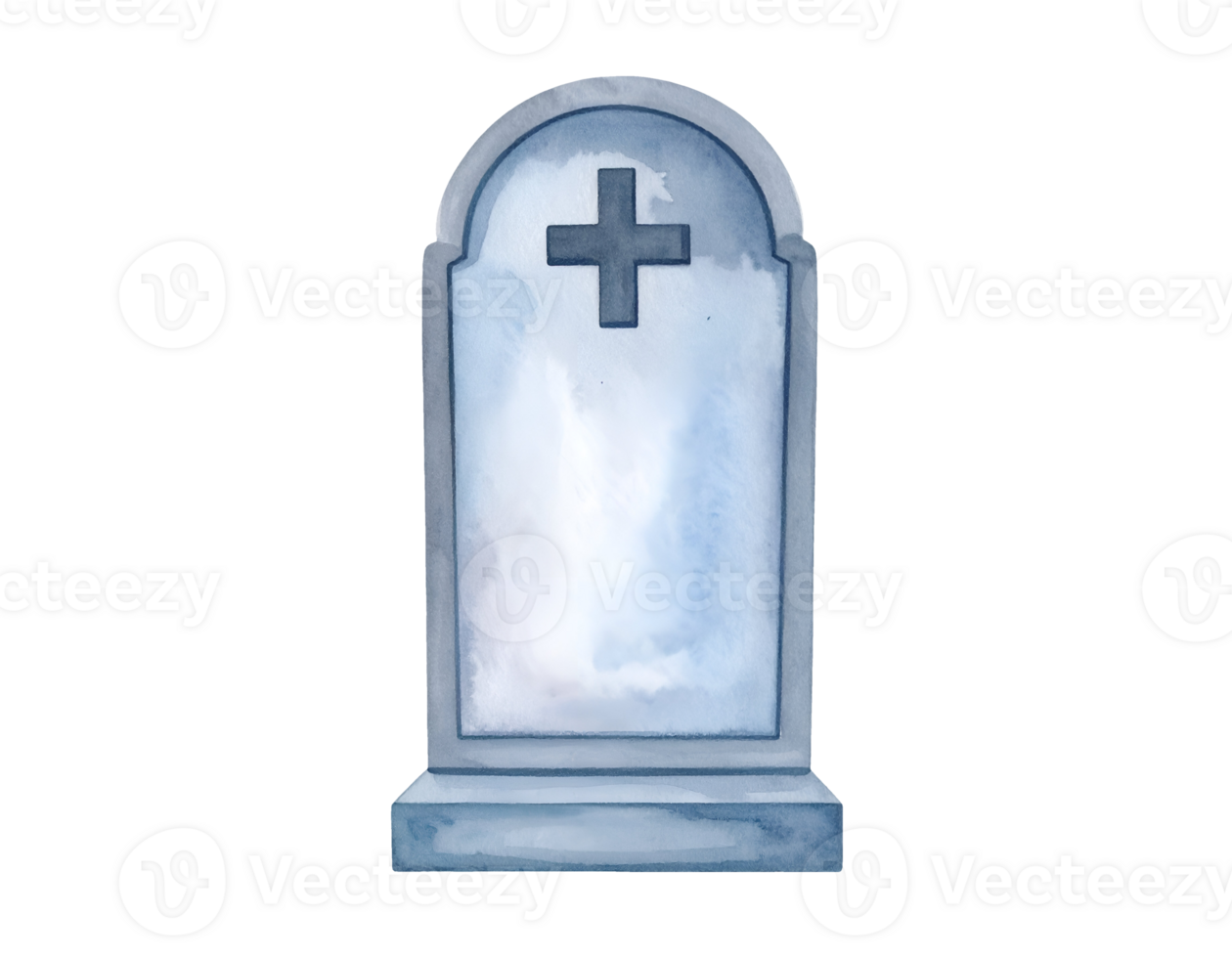 Blue tone gravestone with engraved cross symbol and aged surface texture for cemetery or Halloween theme on isolated background png