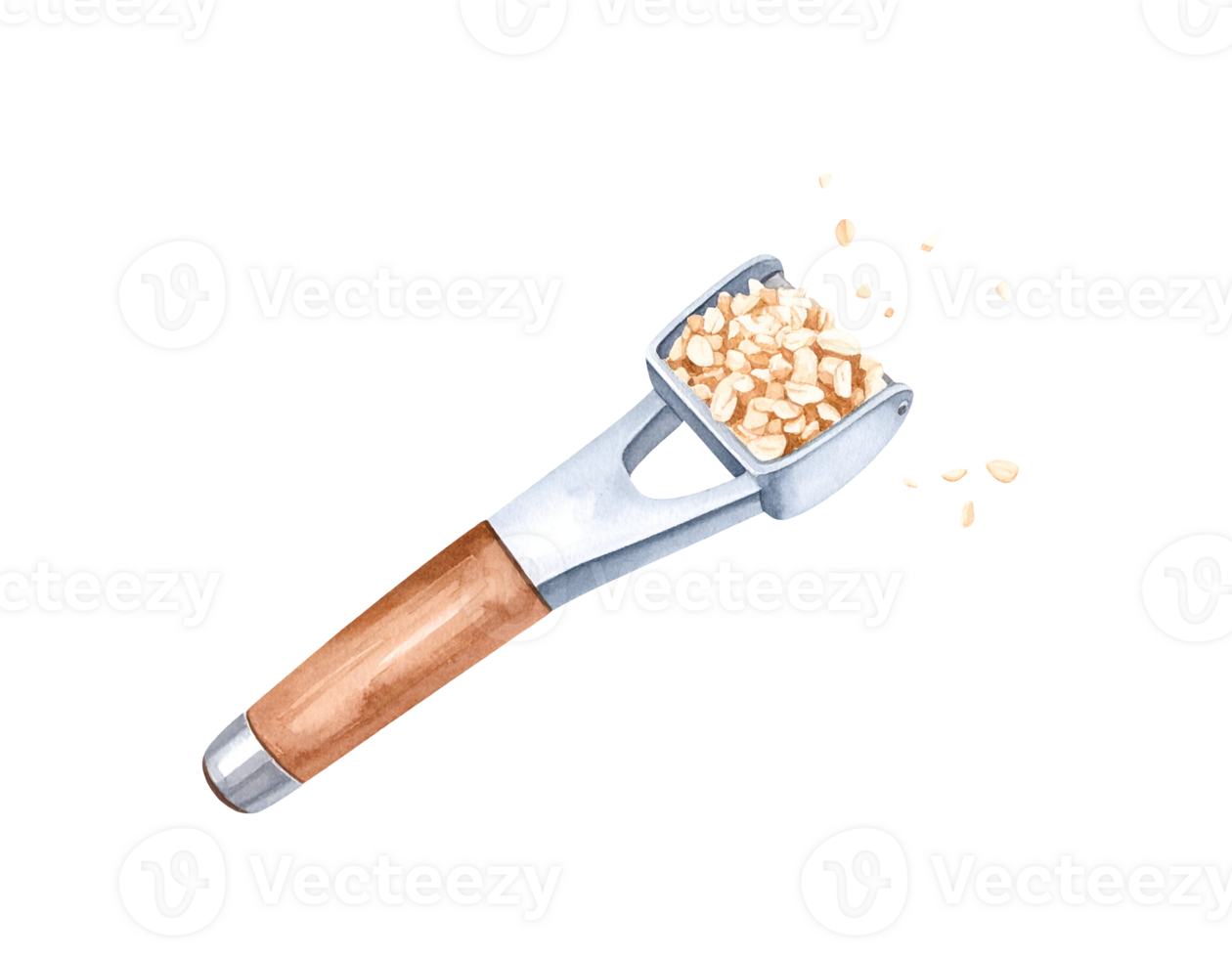 Manual garlic press kitchen tool with stainless steel head and wooden handle on isolated background png