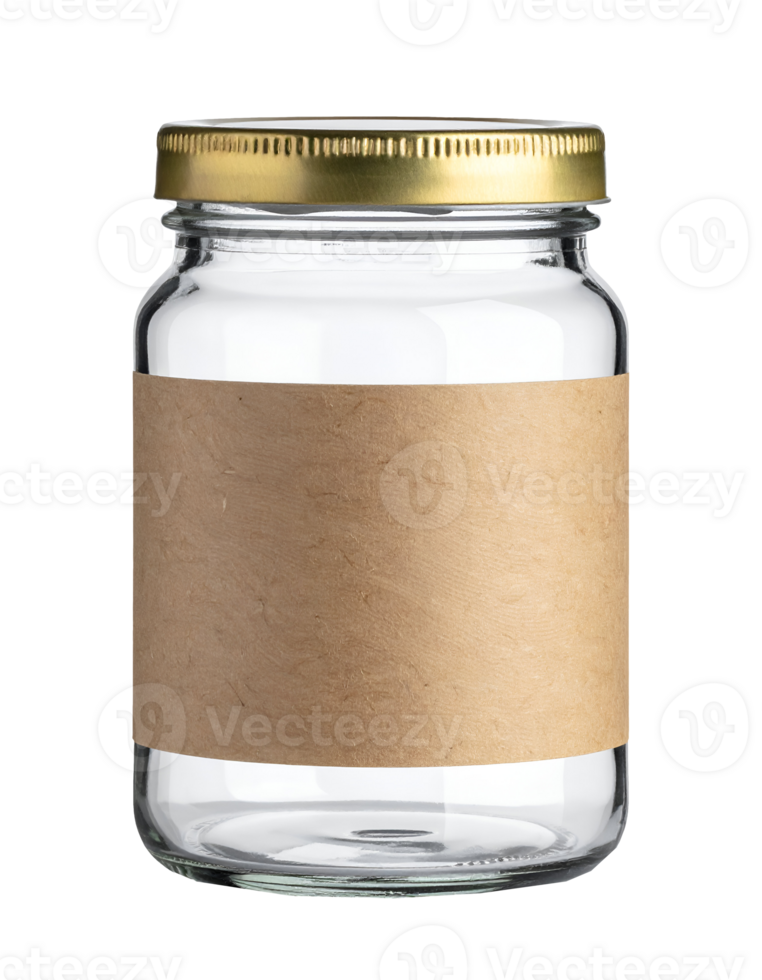 Clear cylindrical glass jar with gold metal lid and blank kraft paper label for food packaging on isolated background png