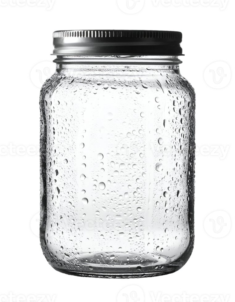 Wet clear glass mason jar with silver metal lid and condensation droplets on isolated background png