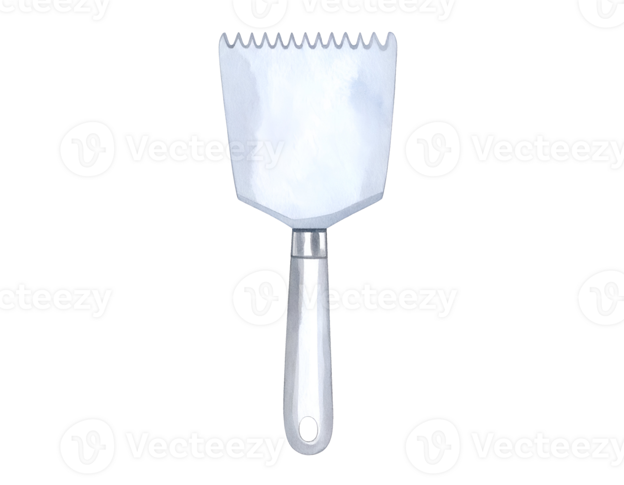 Notched metal scraper with white plastic handle used for adhesive or plaster on isolated background png