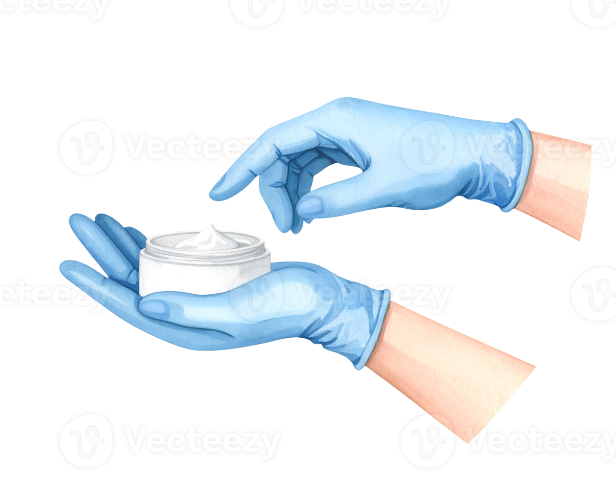 Blue gloved hands holding cosmetic skincare cream jar with finger scoop on isolated background png